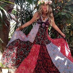 Designer Maxi Dress European Cotton Pathwork Cottage Luxury Floral Boho